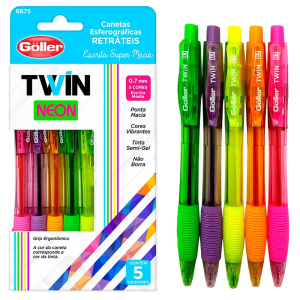 Caneta esferográfica retrátil twin neon 6675  g-1675  c/5 cores Goller